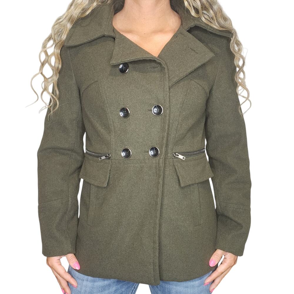 Vintage Green Pea Coat Womens Small Double Breasted Lapel Moss Hunter Pockets